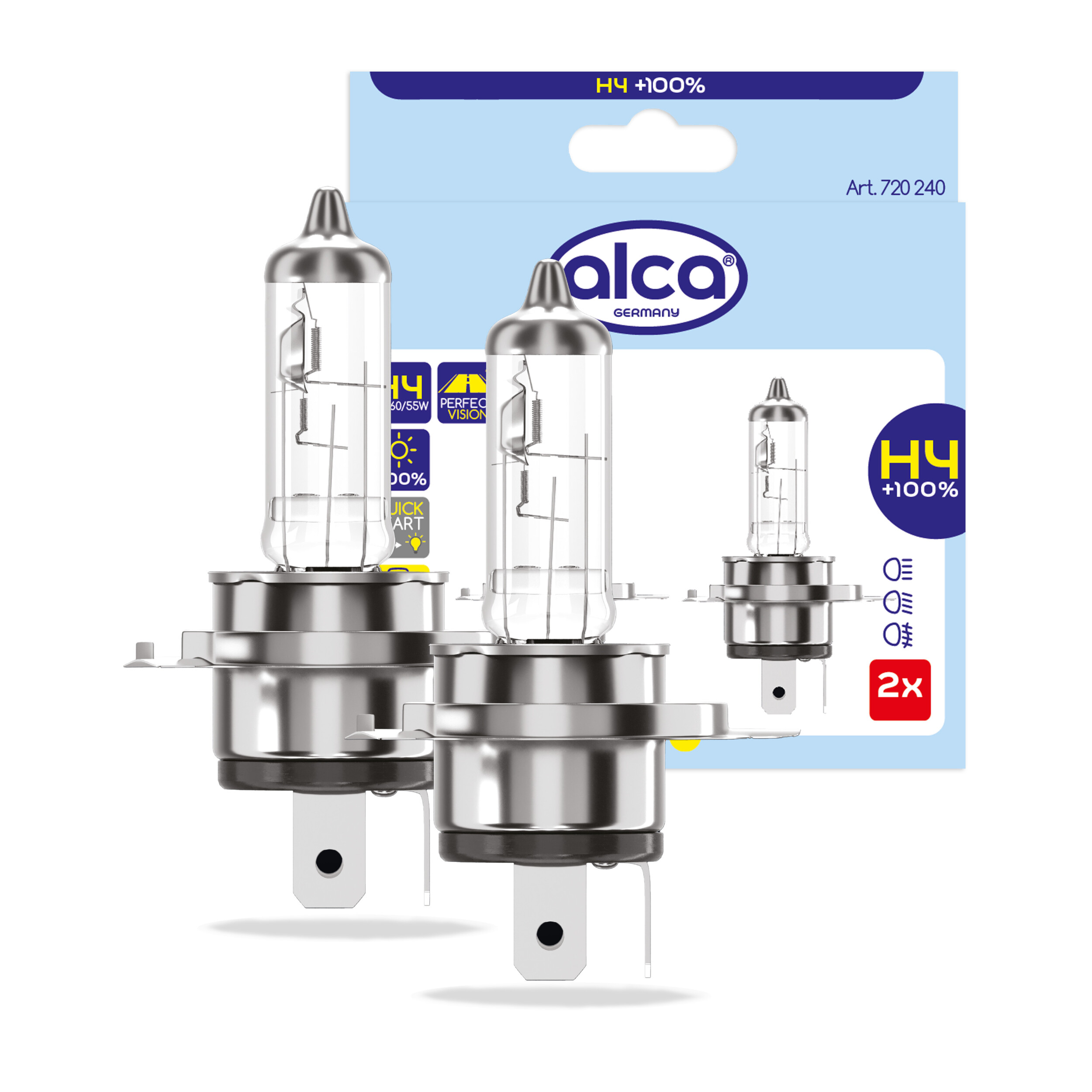 Halogenlampe H4 mit 100% mehr Licht (2er-Set) | alca® H4 +100%